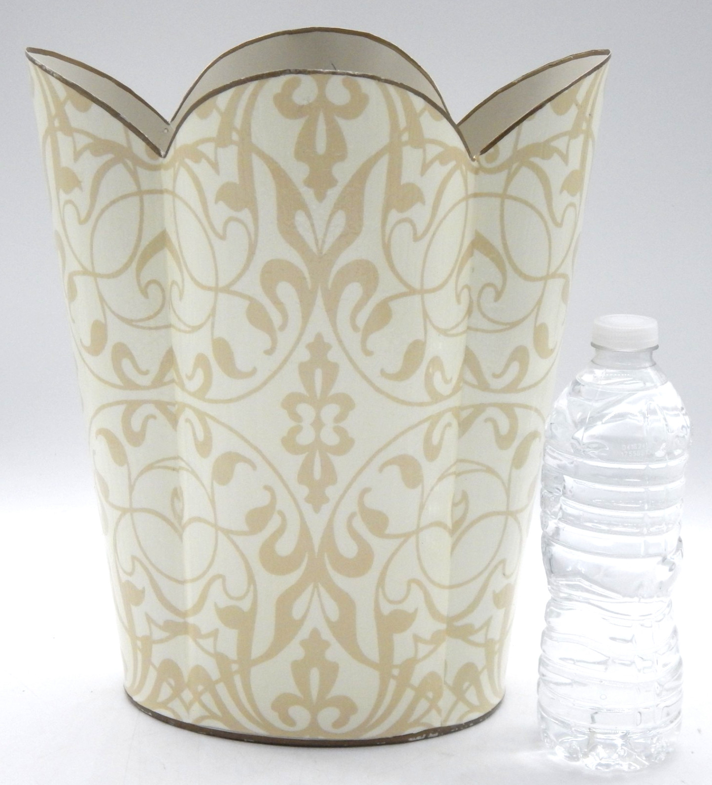 MARYE-KELLEY Decoupage Antique Gold Damask Scalloped 12"H Wastepaper Basket