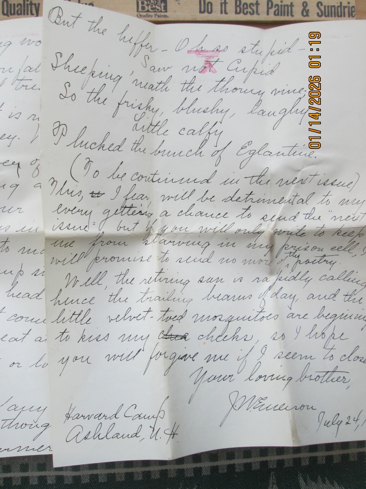 1901 Harvard Engineering Camp Squam Lake Ashland NH letter
