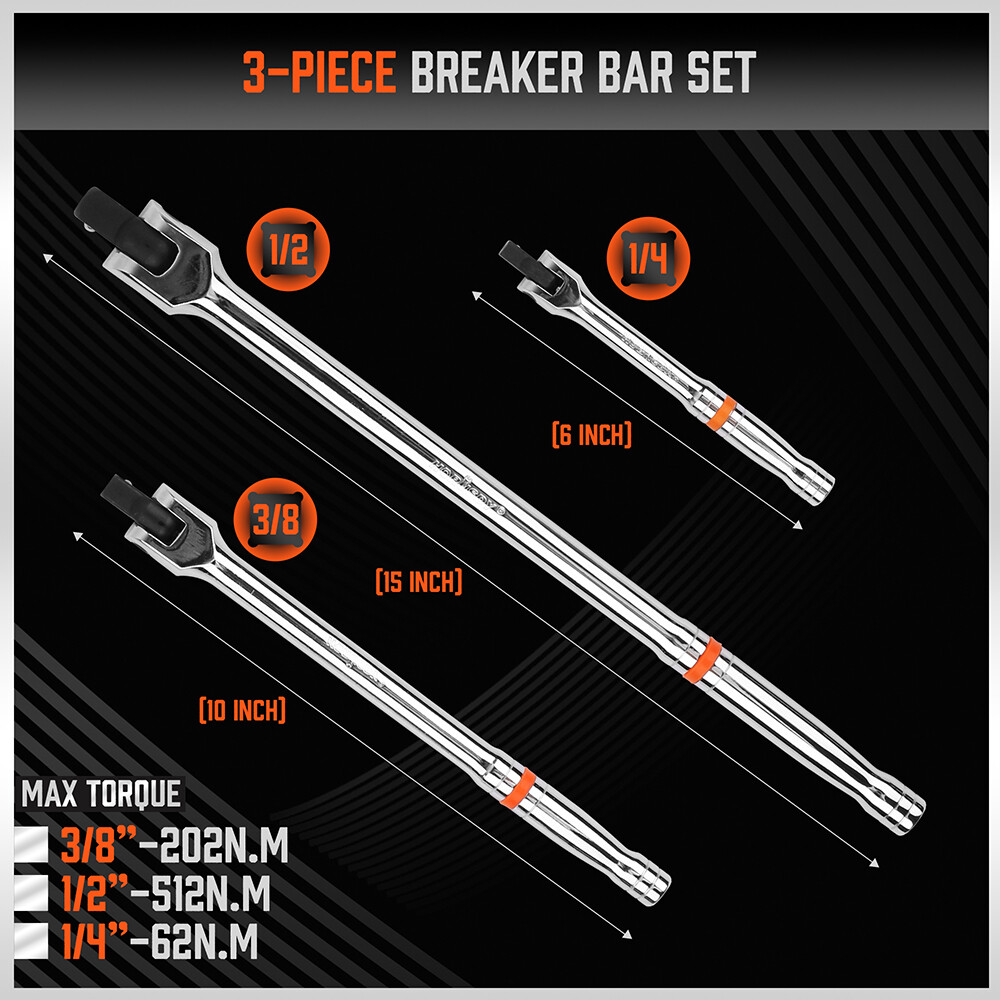 Breaker Bars Set 3PC 1/4" 3/8'' 1/2'' Dr 180° Rotatable Head 6" 10" 15" Length