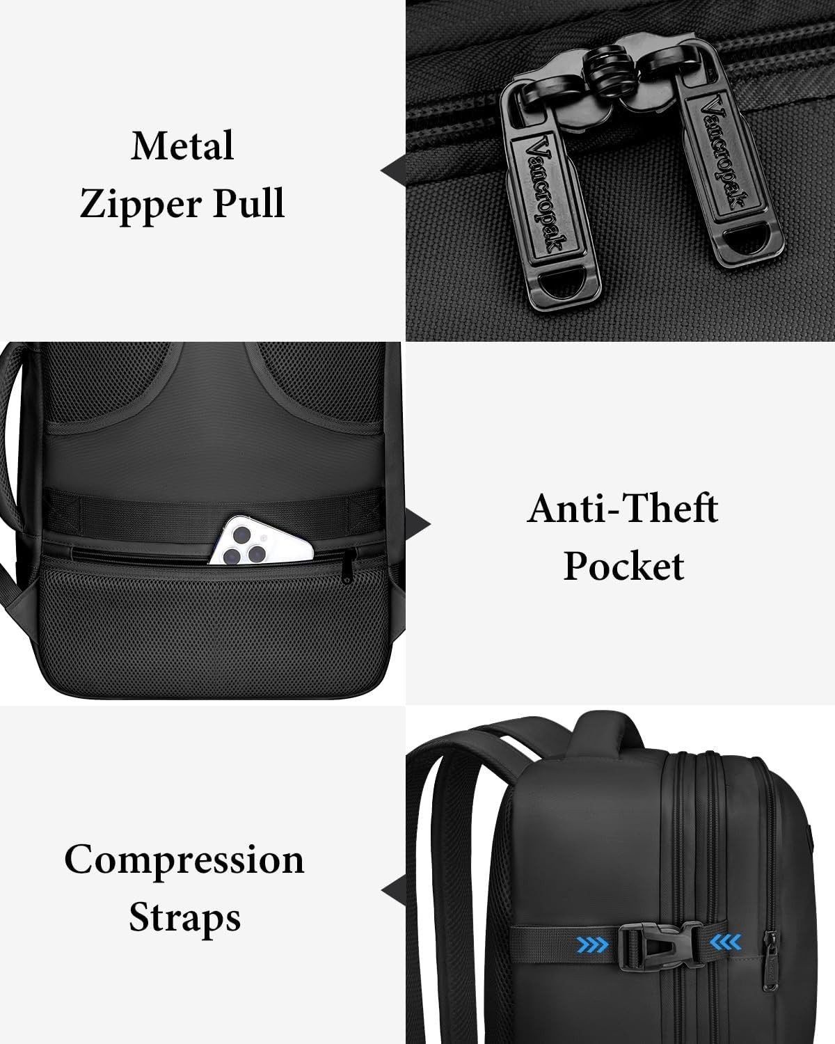 Vancropak 47L Expandable Carry On Travel Backpack w/3 Cubes Flight Approved