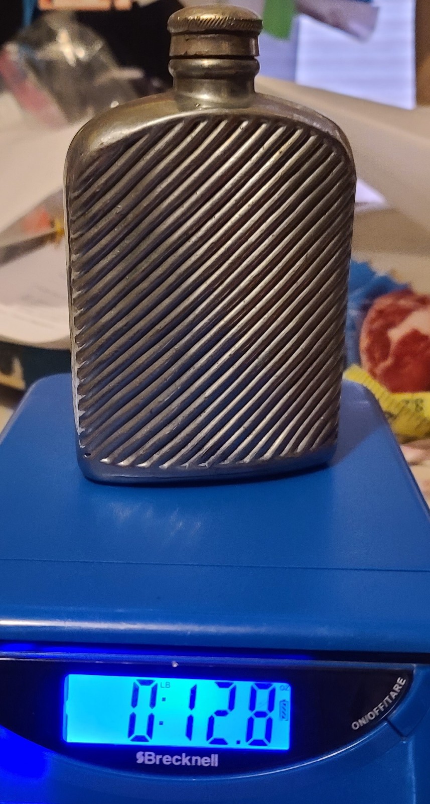 Antique Silver & Copper Plated Glass Ribbed Hip Flask 5-3/8" Tall Vintage