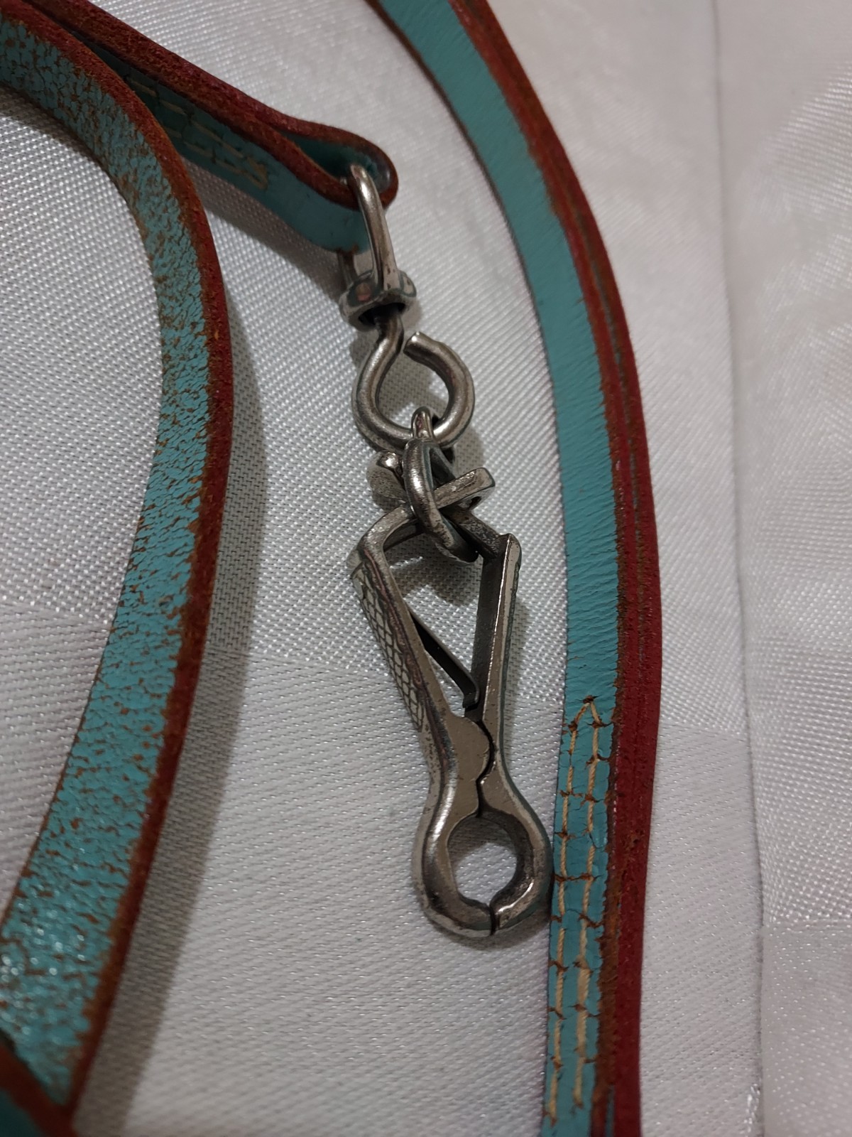 Rare Vtg Rhinestone Jeweled Turquoise Leather Pet Collar & Leash Set 11.5"-13.5"