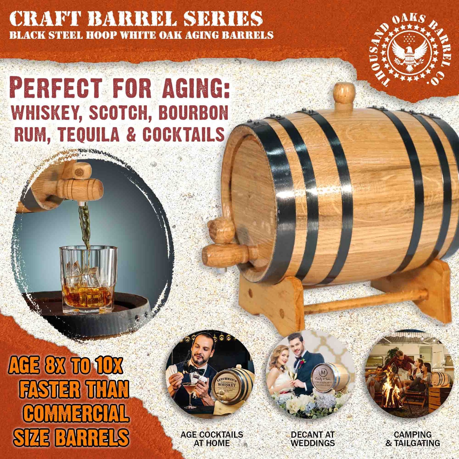 2 Liter Oak Aging Barrel with Wood Stand Bung & Spigot - Mini Whiskey Barrels f