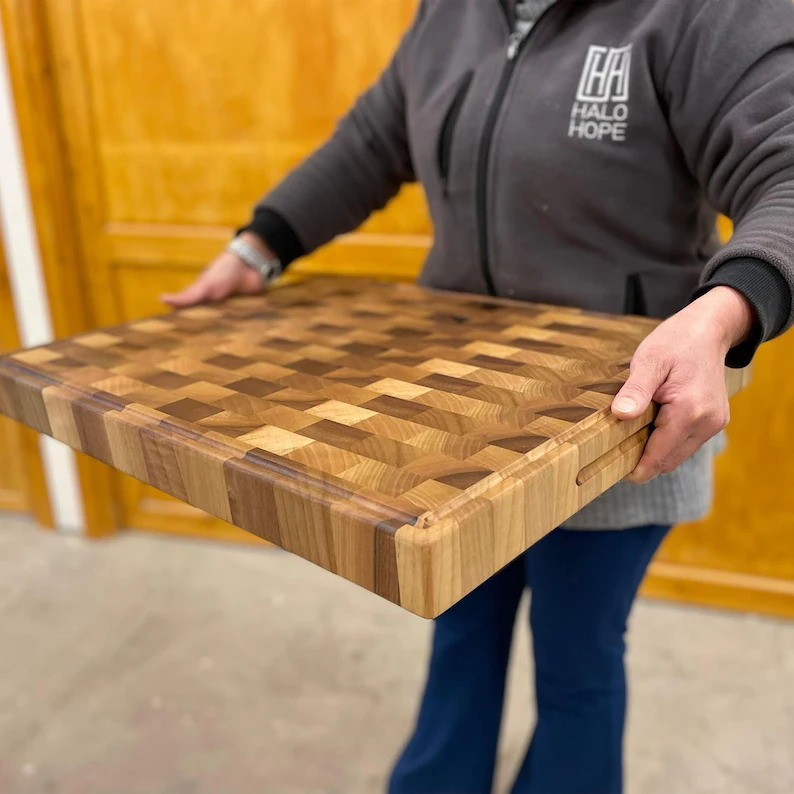 Walnut End Grain Cutting Board for Kitchen, Thick Charcuterie Chopping Block