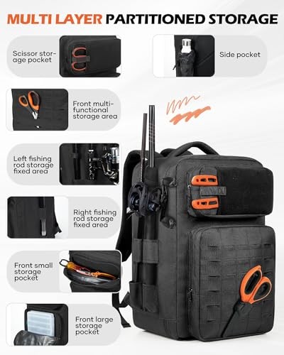 Fishing Tackle Backpack With Rod Holder, 50L Large Tackle Bag for Fishing,
