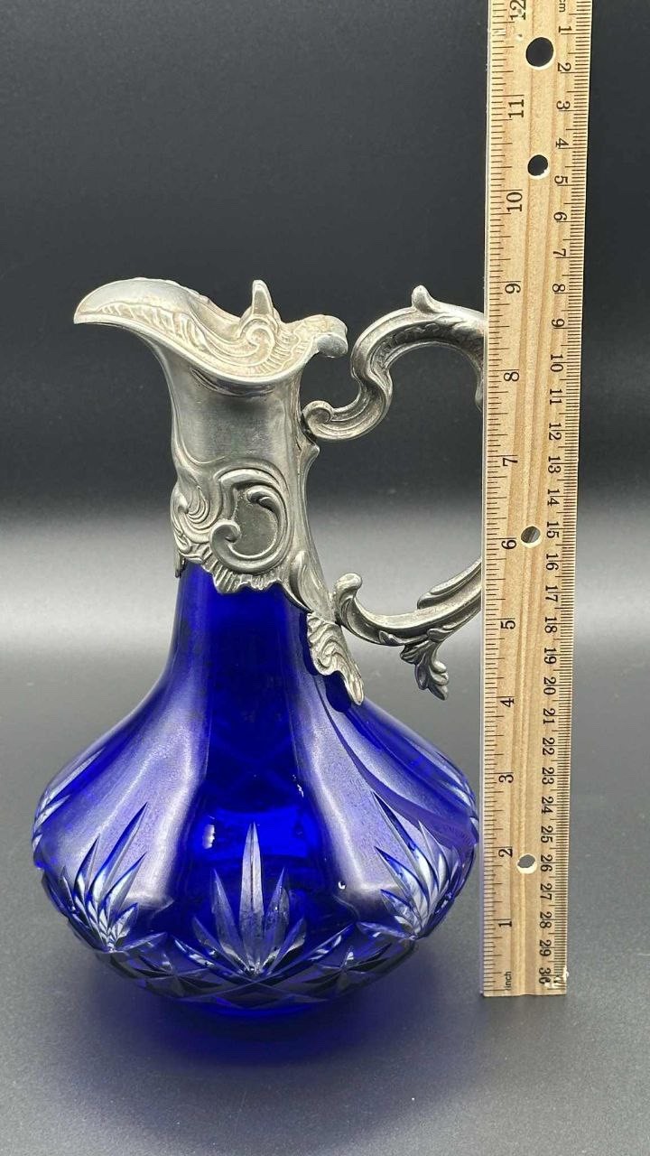 Antique Bohemian Cobalt Cut Glass Pitcher Pewter Mounted Art Nouveau 8.75”