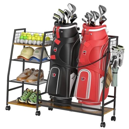 Golf Bag Storage Rack for Garage with Wheels, Organizer for Golf Bag and 2 bags