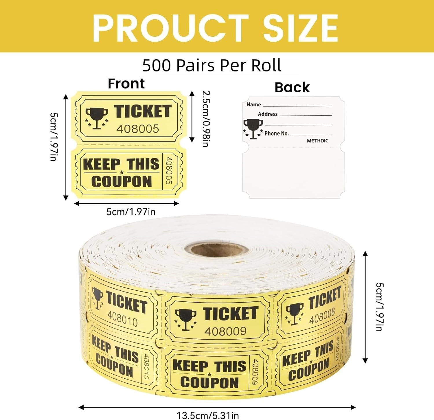 1000 Raffle Tickets Gold Double Roll Metallic Gold Foil,Events Carnivals,Entry,