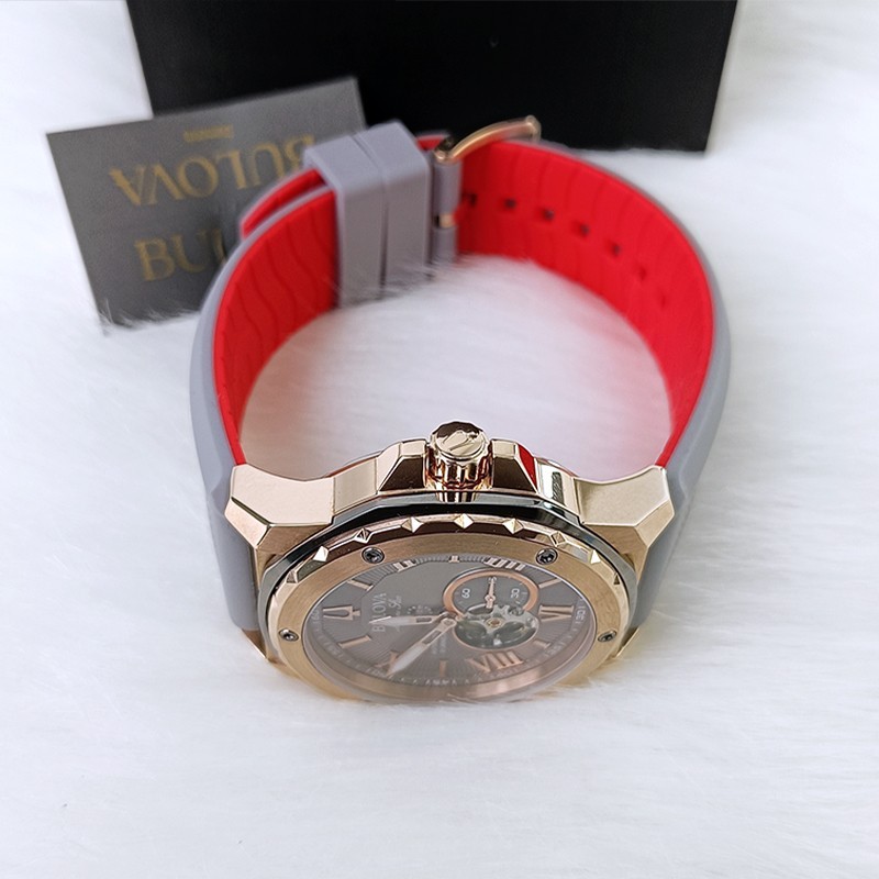 Bulova Marine Star Rose Gold Dial Grey Rubber Strap Men's Automatic Watch 98A228