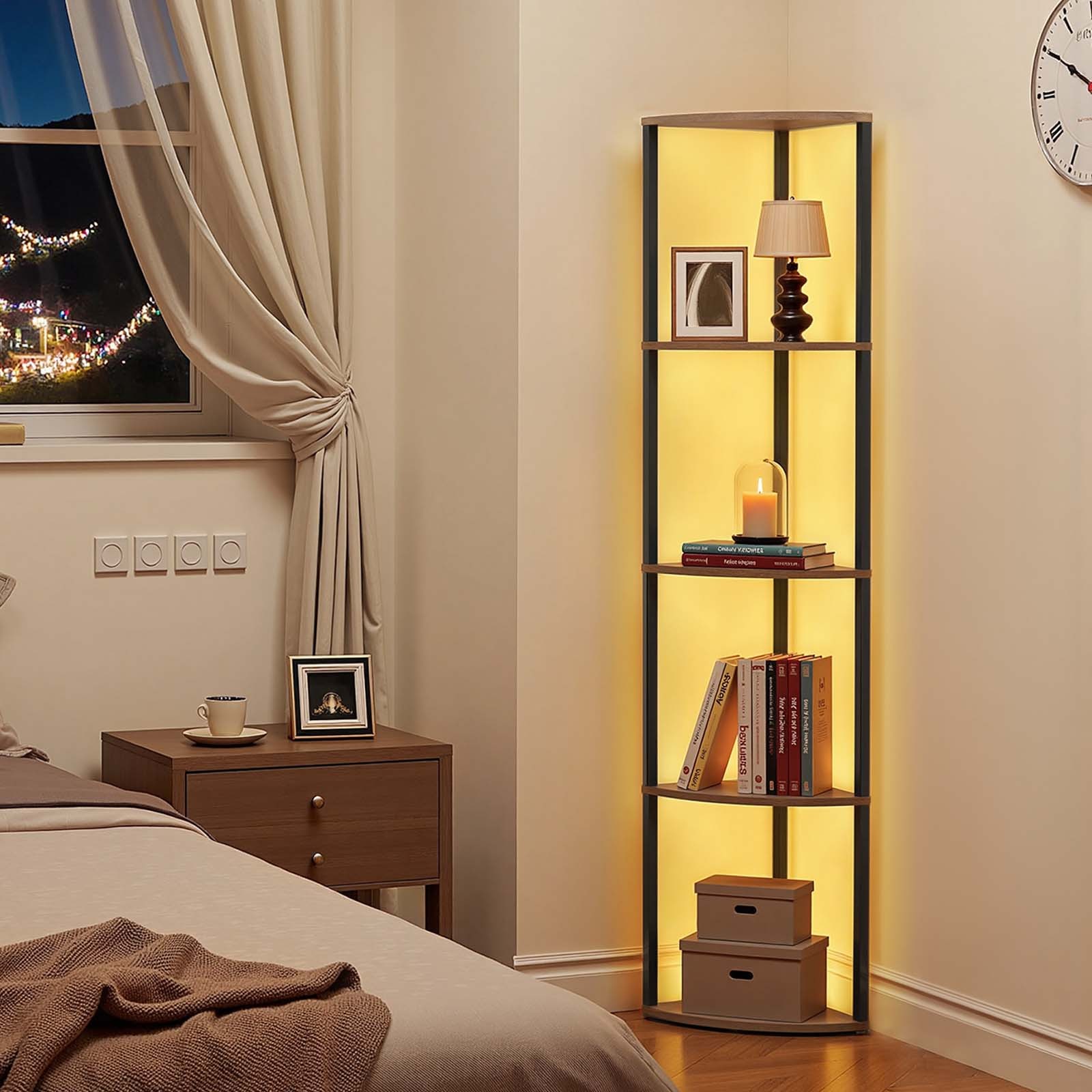 5 Tier Corner Shelf Tall Corner Stand with LED Light Narrow Display Rack