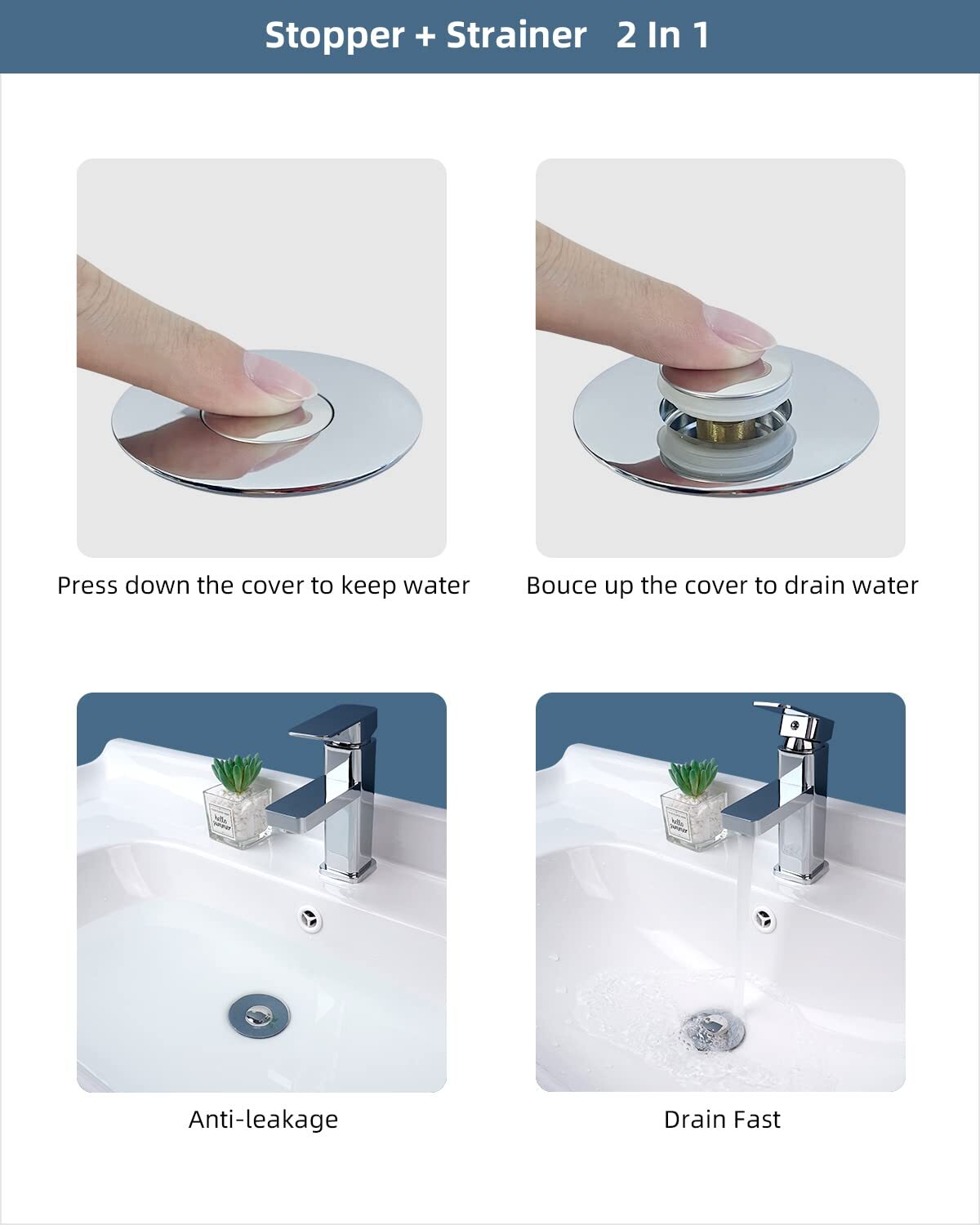 2PC All Metal Universal Bathroom Sink Stopper, for 1''~1.8'' Basin Pop Up Sink