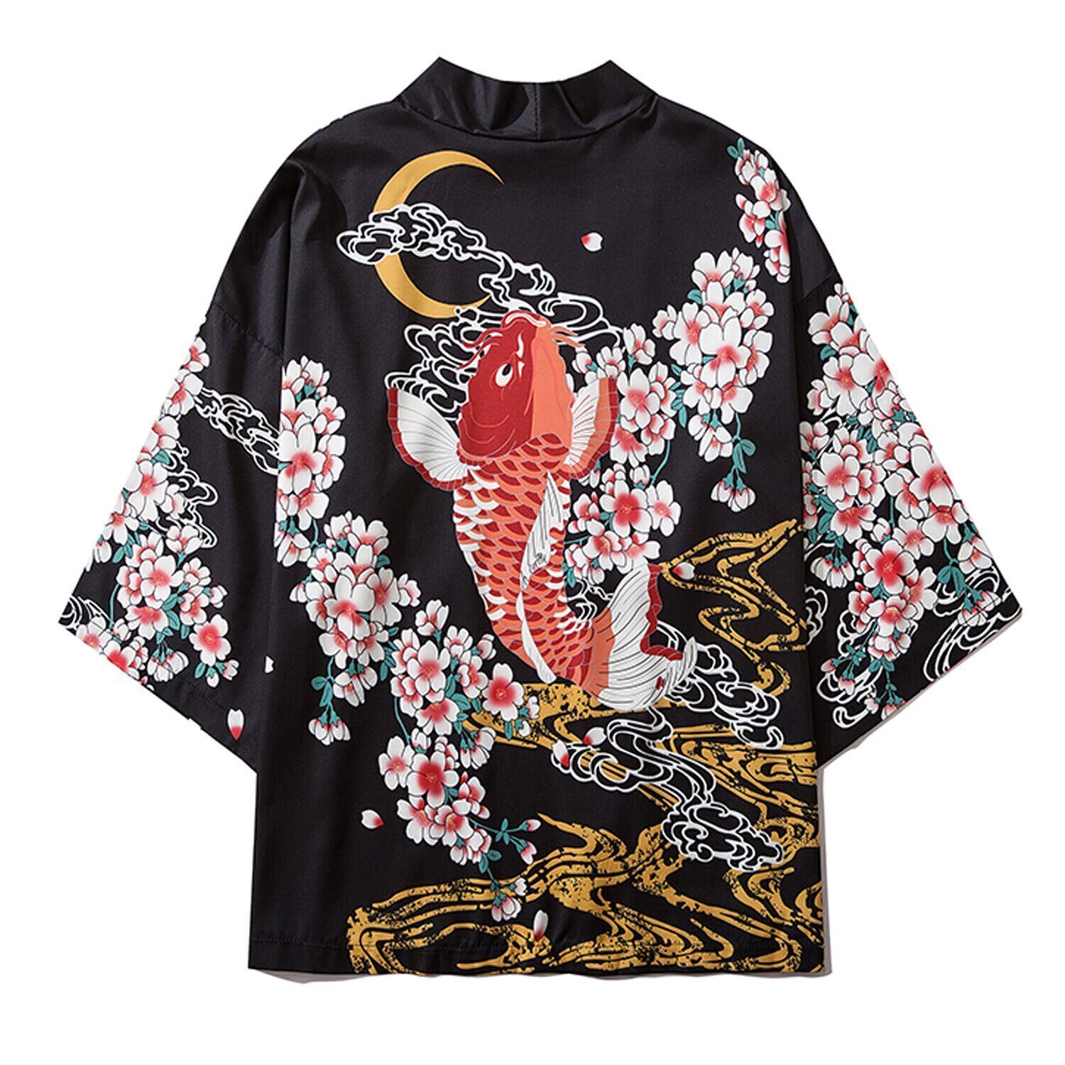 Niepce Unisex Japanese Fish Graphic Lightweight Kimono Cardigan Shirt Tops