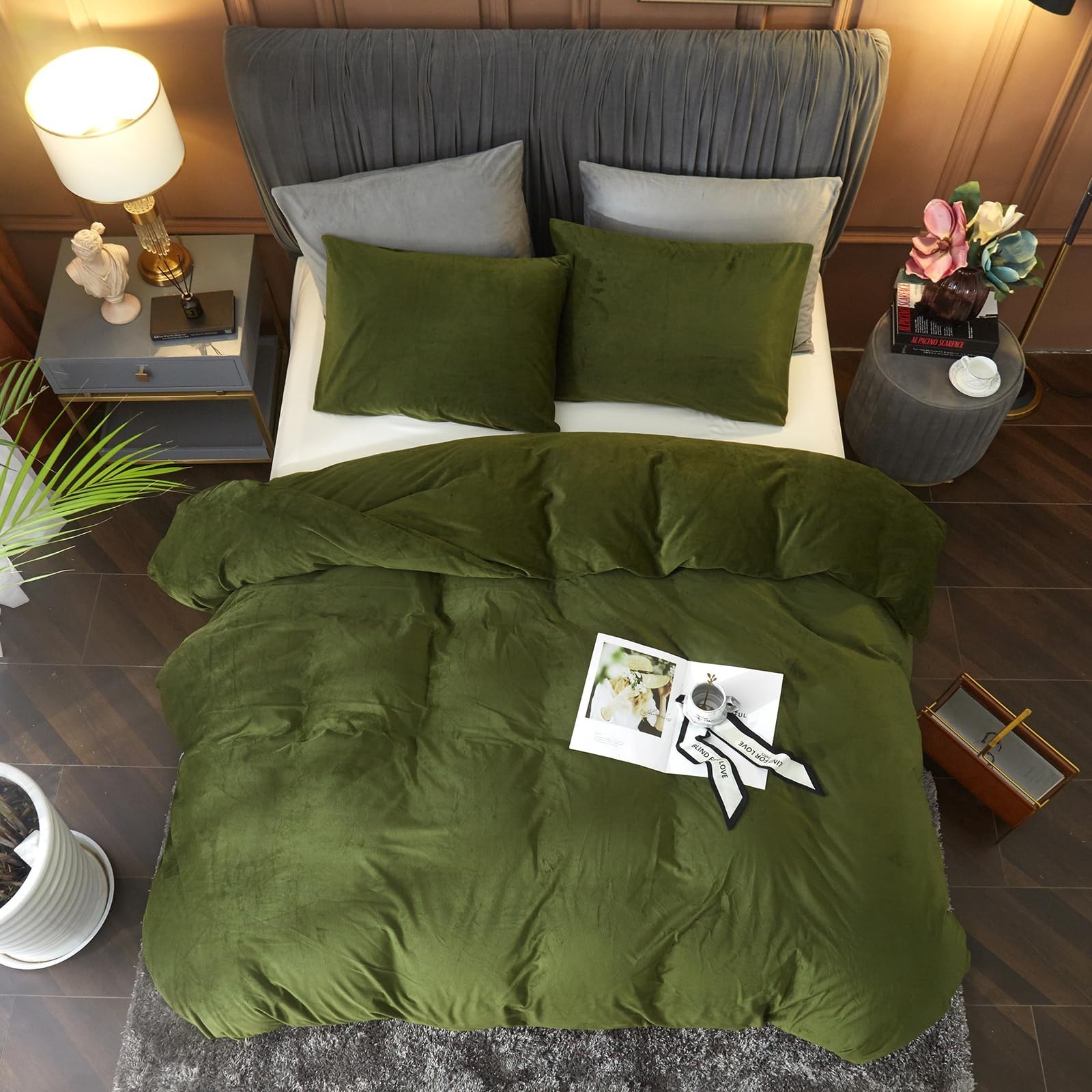 Ivellow Velvet Flannel Duvet Cover King Size Olive Green Comforter Cover Ultr...