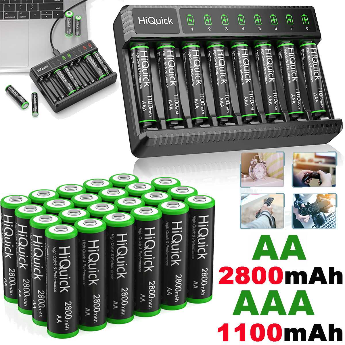 AAA AA Rechargeable Batteries 1100 2800mAh 1.2V Ni-MH / 8 Slots LCD Charger Lot