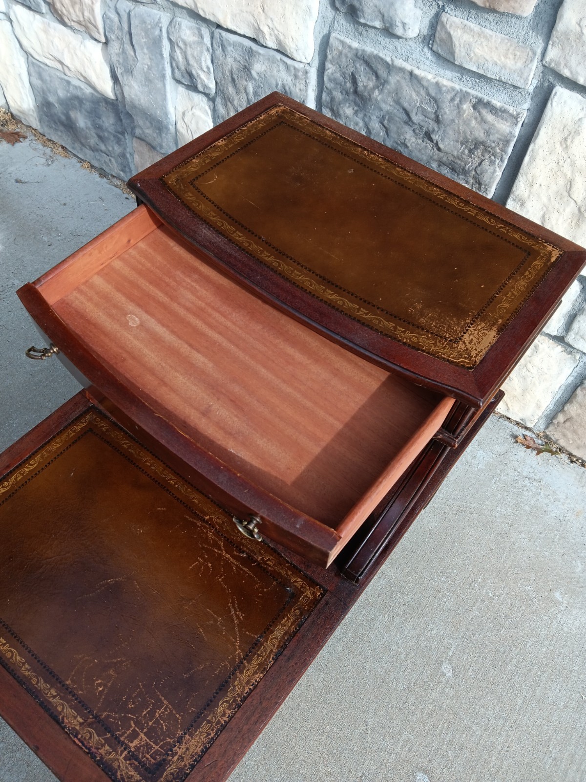Walnut Carolina Co. Step End Table With Leather Top Drawer And Caster Wheels