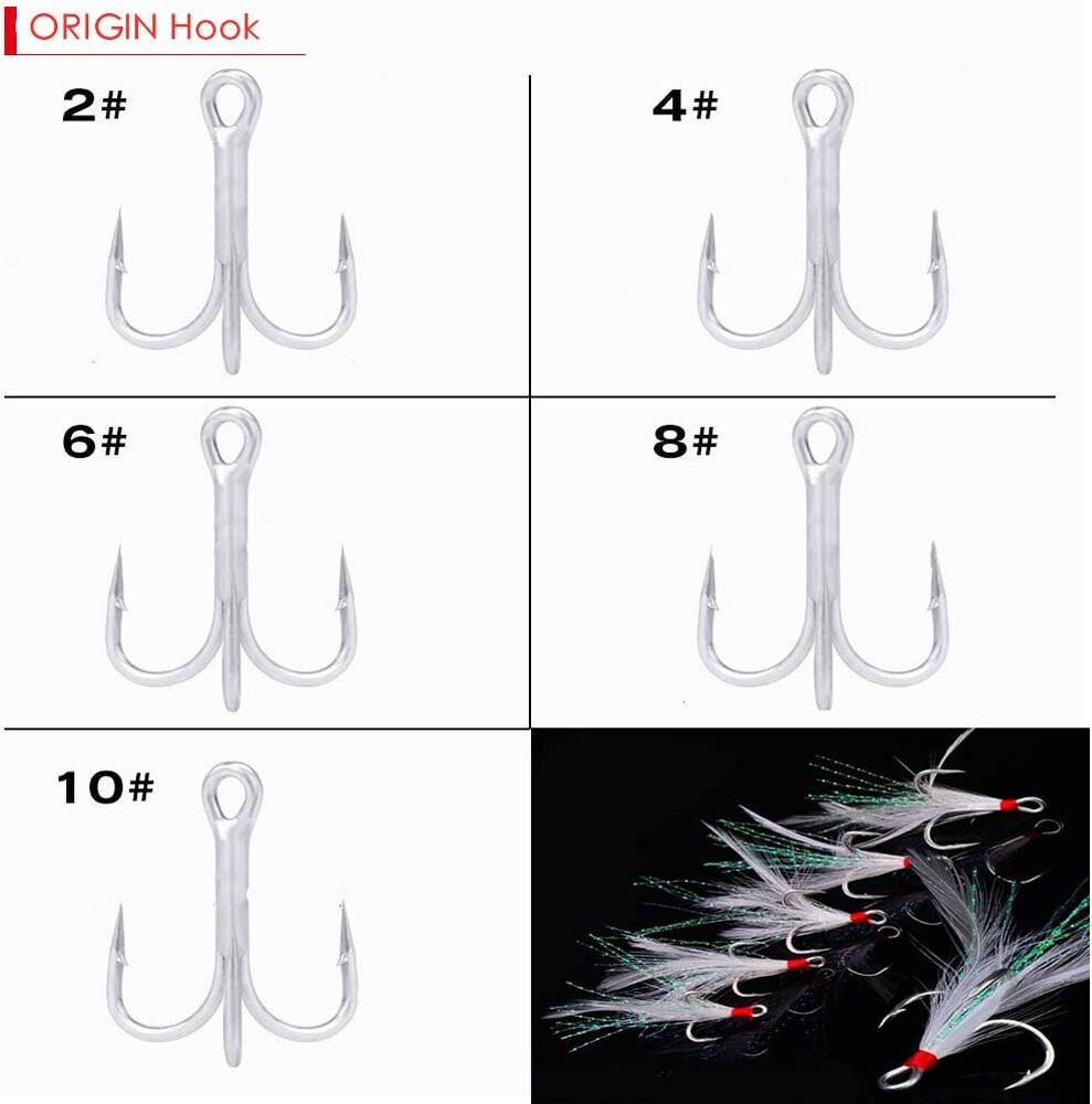 50Pcs 2X Strong Fishing Treble Hooks w/ Feather Dressed 2/4/6/8/10# Tackle USA