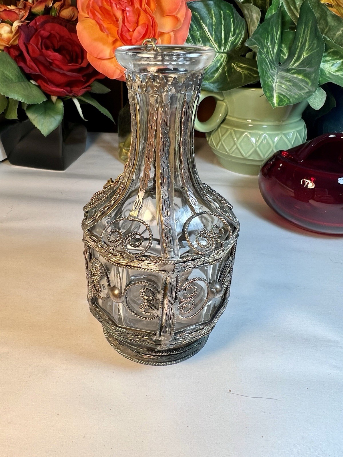 VTG GLASS BOTTLE SILVER PLATED, BRASS, COPPER OVERLAY BOTTLE 1900's UNIQUE