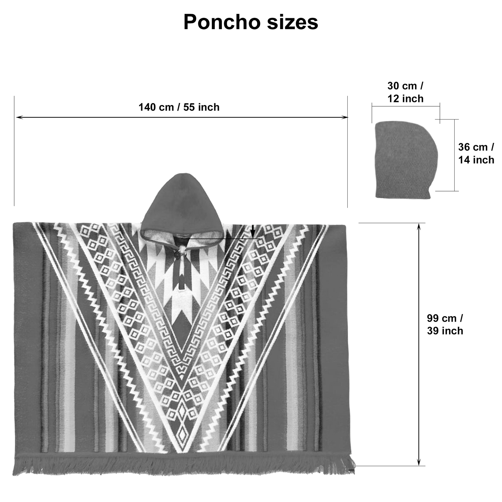 Alpaca wool Hooded Poncho Unisex Aztec pattern all seasons boho hippie XXL BLACK