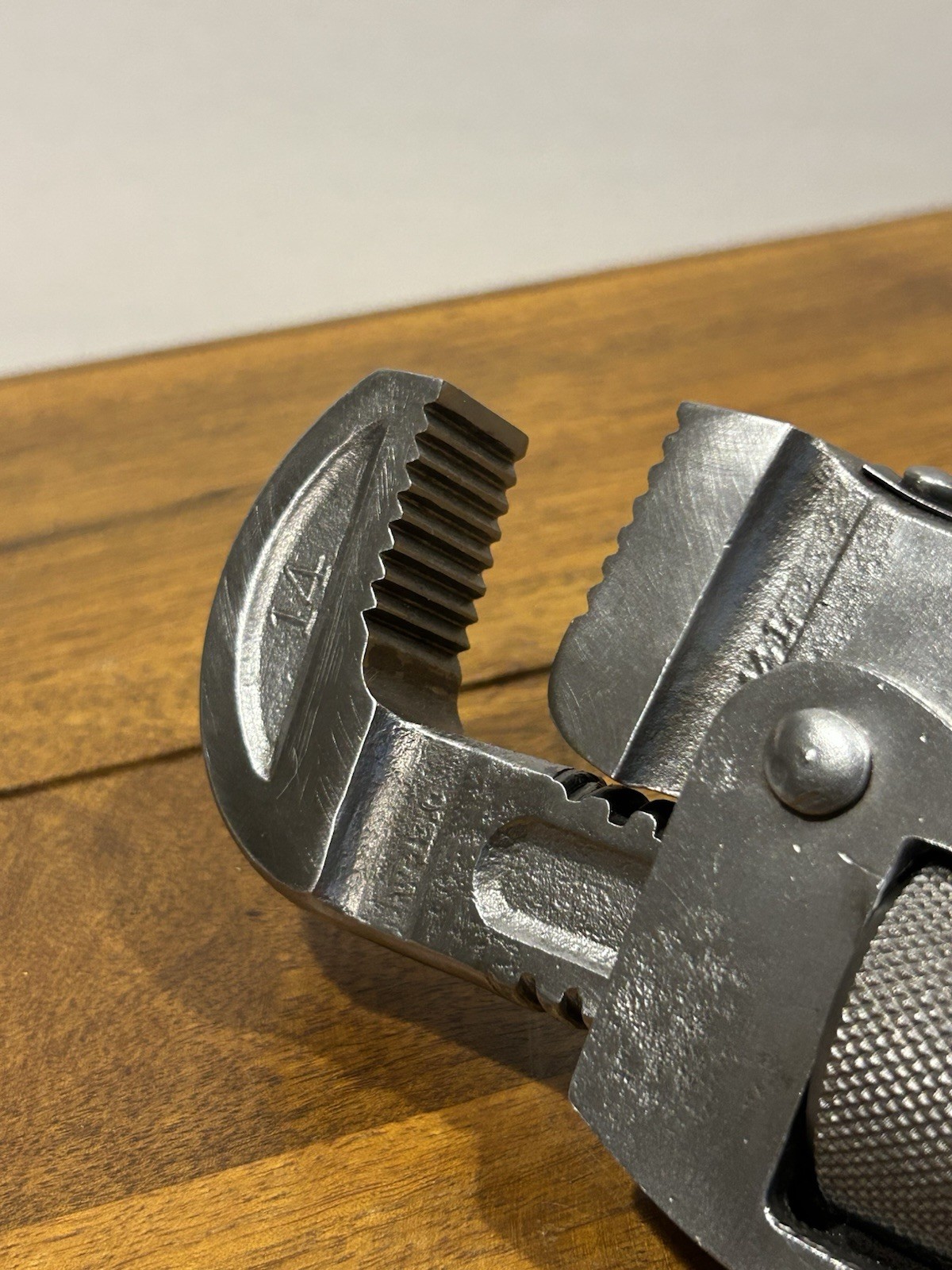 Vintage J.P. Danielson 14” Wood Handle Pipe Wrench Adjustable Monkey Wrench USA