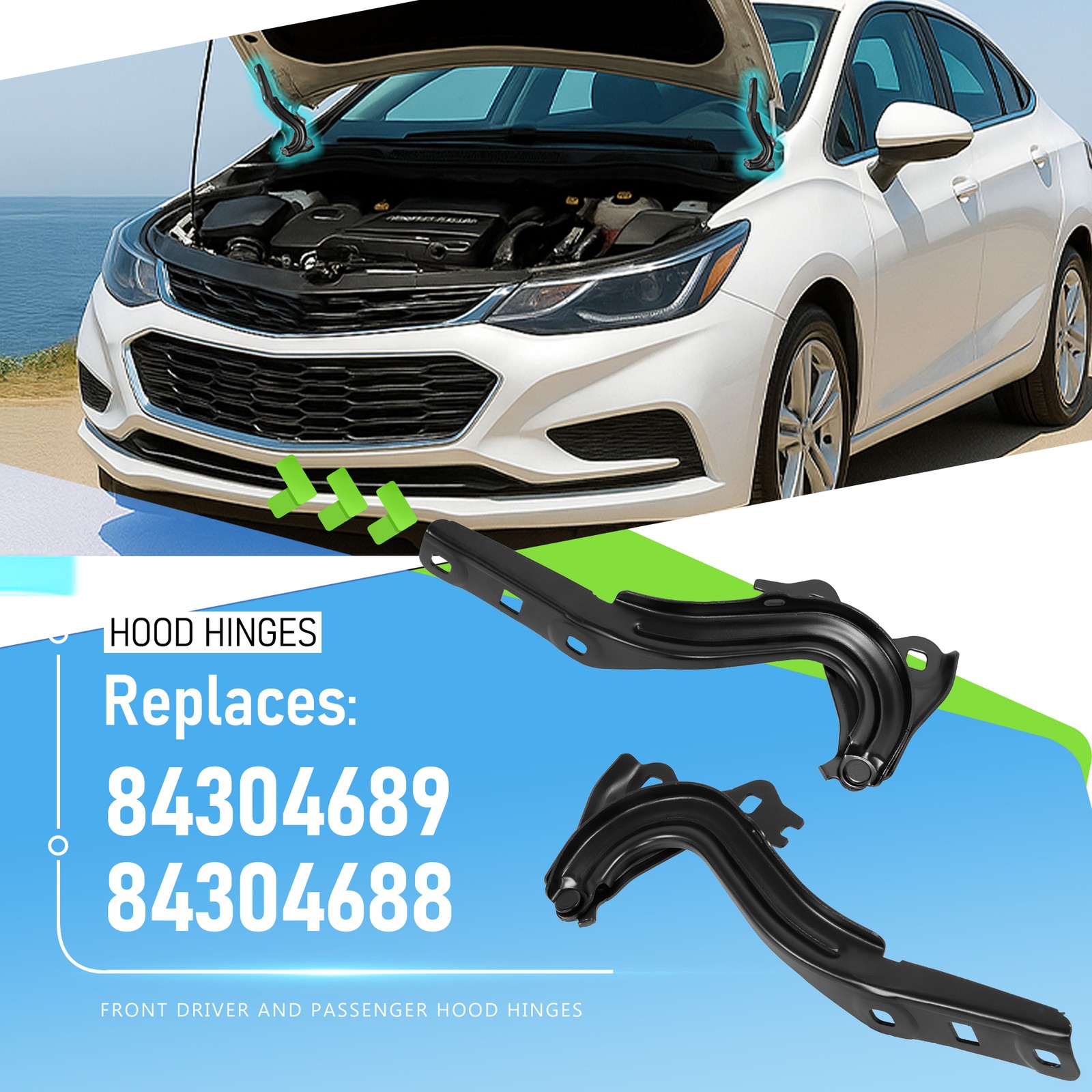 Pair Set of 2 Hood Hinges Driver & Passenger Side For 2016-2019 Chevrolet Cruze