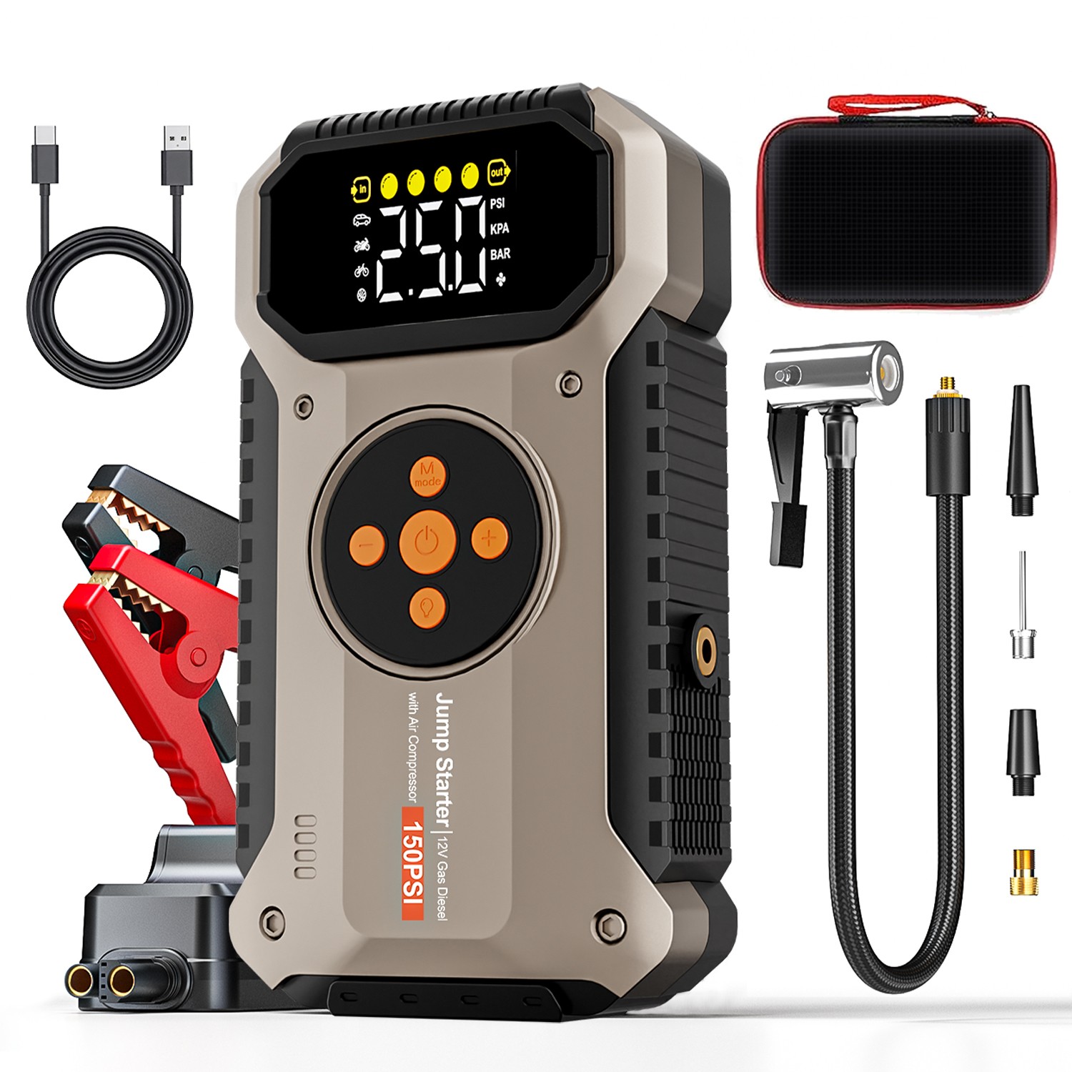 Geeneu 8000A Jump Starter Air Compressor 12V Portable Car Battery Booster 150PSI