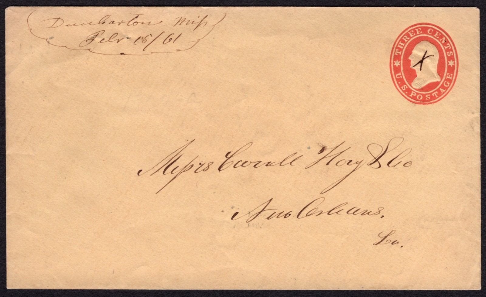 USA 3¢ Star Die Used in CSA dated Feb 15, 1861 to Carroll Hoy & Co., New Orleans