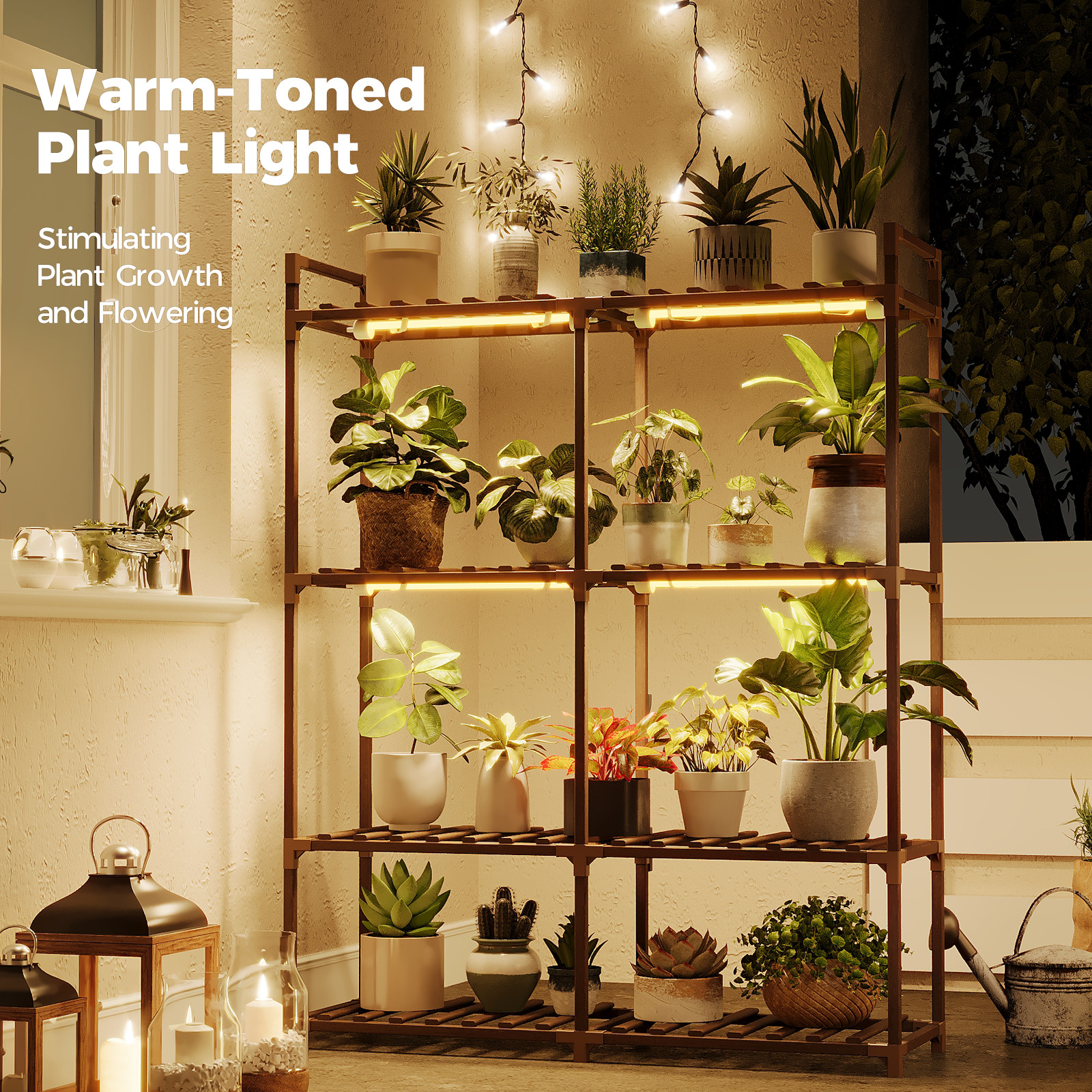 Bamworld Plant Stand with Grow Lights for Indoor Plants Wood Plant Shelf 4 Tier