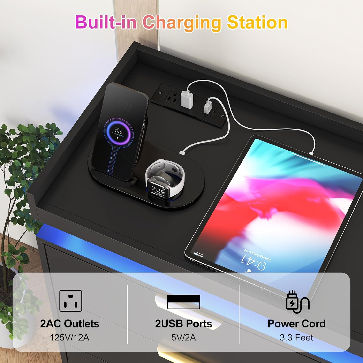 6 Drawer Dresser for Bedroom, Black Dresser with LED Lights and Power Outlet, Mo