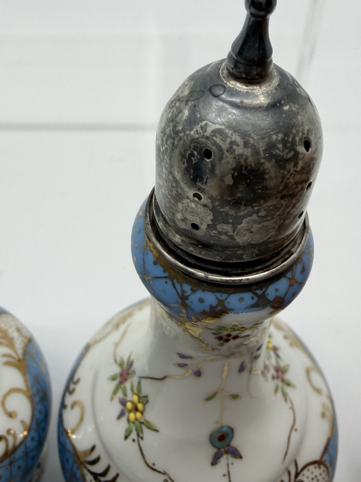 Antique Ornate Porcelain China Salt And Pepper Shakers Sterling Silver