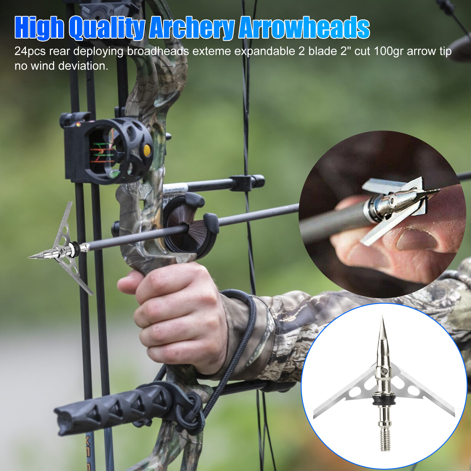 24Pcs 100Grains Archery Broadheads 2" Dia Expandable Hunting Arrowhead w/2 Blade