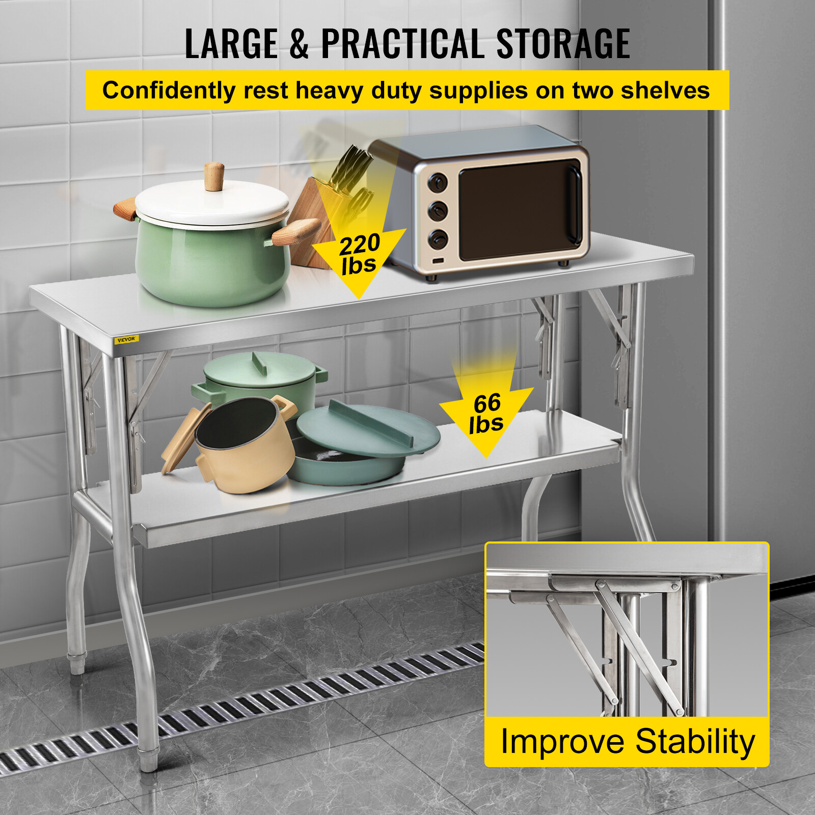 VEVOR Commercial Stainless Steel Folding Work Prep Tables Open Kitchen 48x24 In