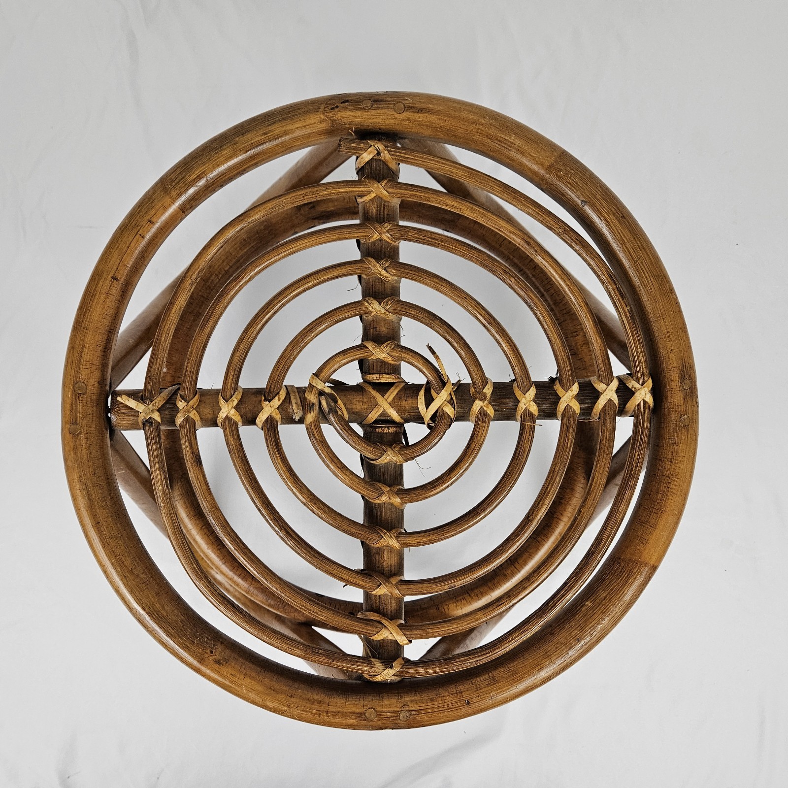 Vintage Rattan Footstool Ottoman Plant Stand Bent Bamboo Boho Mid-Century Modern