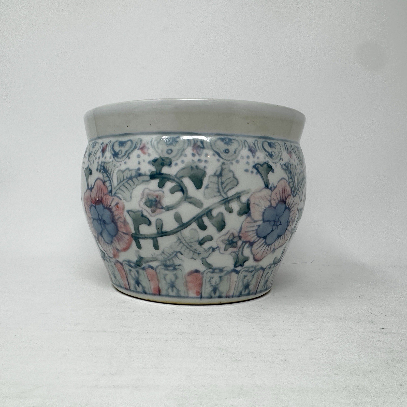 Vintage Chinese Jardiniere Pot Blue Pink White Planter Vase Fish Bowl Floral