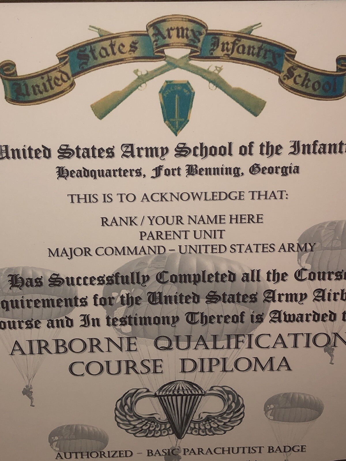 AIRBORNE QUALIFICATION COURSE DIPLOMA (COMMEMORATIVE CERTIFICATE)