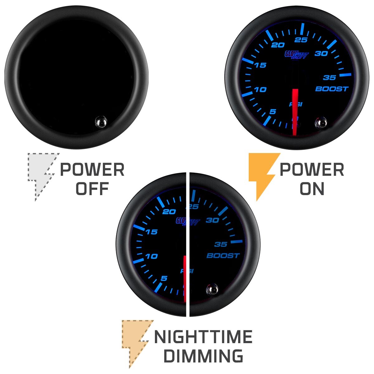 New! GlowShift 52mm Smoked 7 Color Turbo 35 PSI Boost Gauge Meter Kit