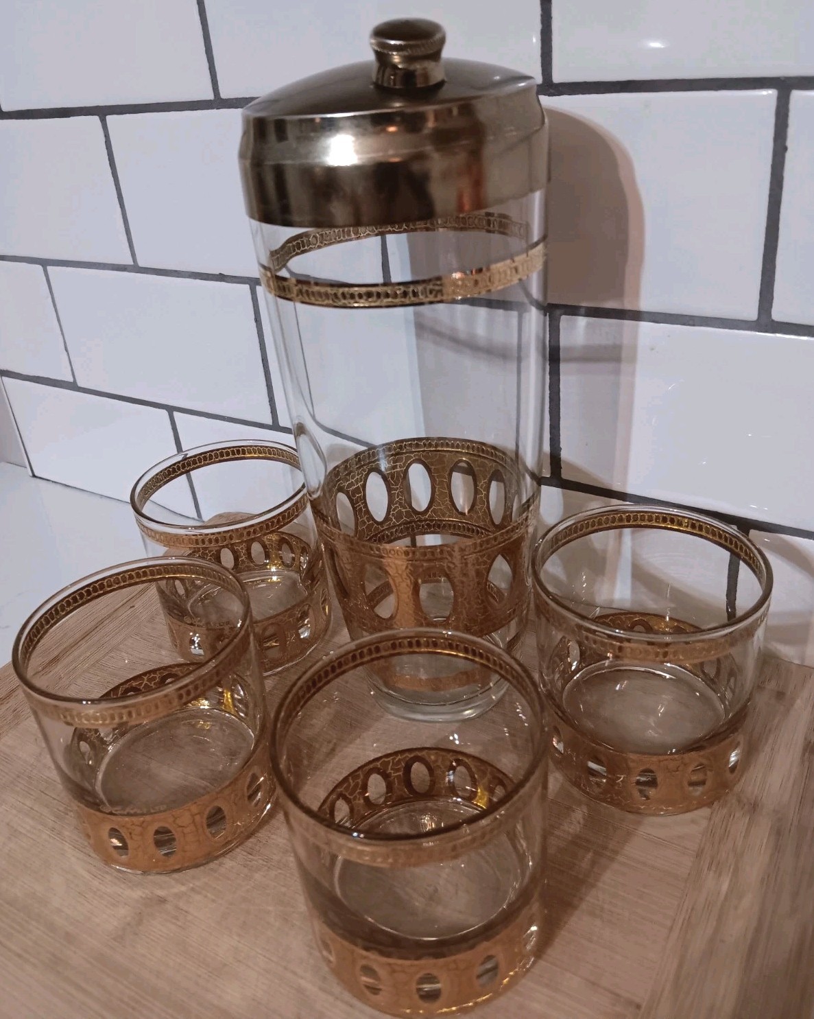 Vtg MCM 60s Culver Antigua Cocktail Shaker Low Ball 5 Pc Barware Set 22k Gold