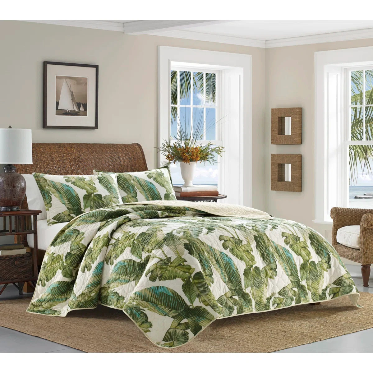King Quilt Set Green Coastal Botanical Tropical Floral Bahama Exotic Leaves 3Pc