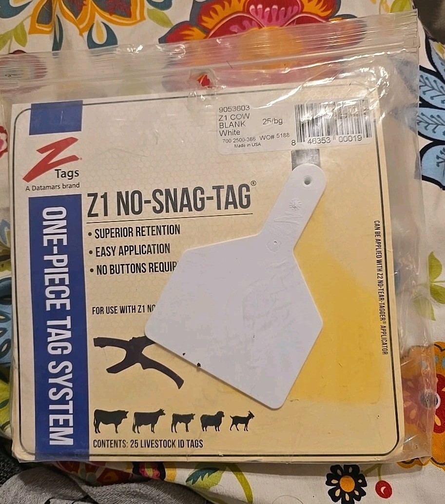 Z-Tag Z1 No-Snag-Tag Cow Blank White Tags, 25 In Bag, No Buttons Required, New