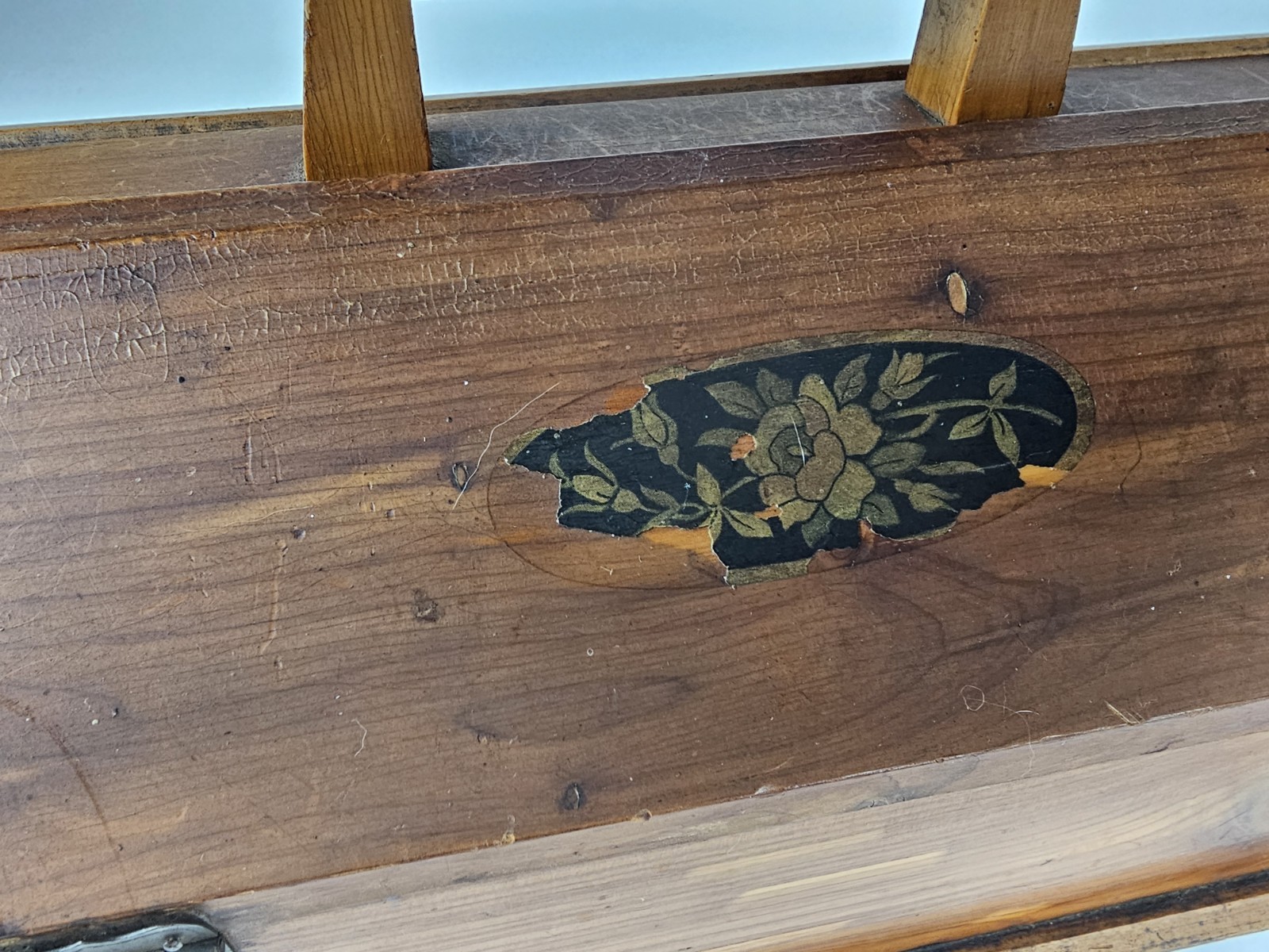 Vintage Wooden Sewing Jewelry Keepsake Box w Handle Floral Decal Craft Storage