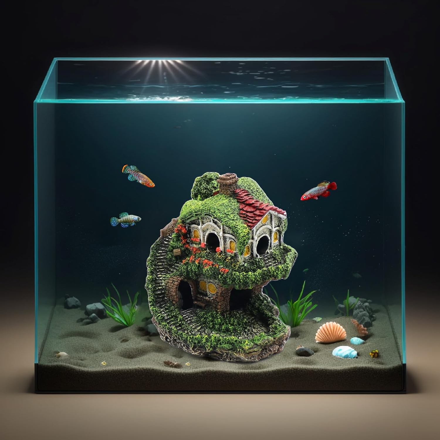 Aquarium Decor Hideaway Cave, Betta Fish Tank House Accessories for Green