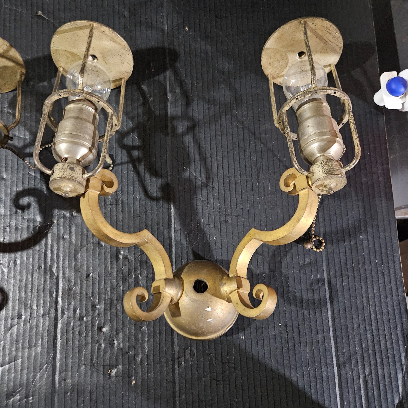 Rare Pair Antique Brass Nickle Sconces Handel Era Edwardian glass shade Hubbell