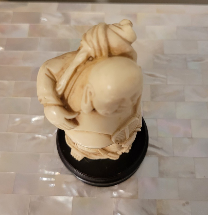 Vintage Japanese Carved Happy Buddha Figurine on Wood Stand 3-3/4" tall