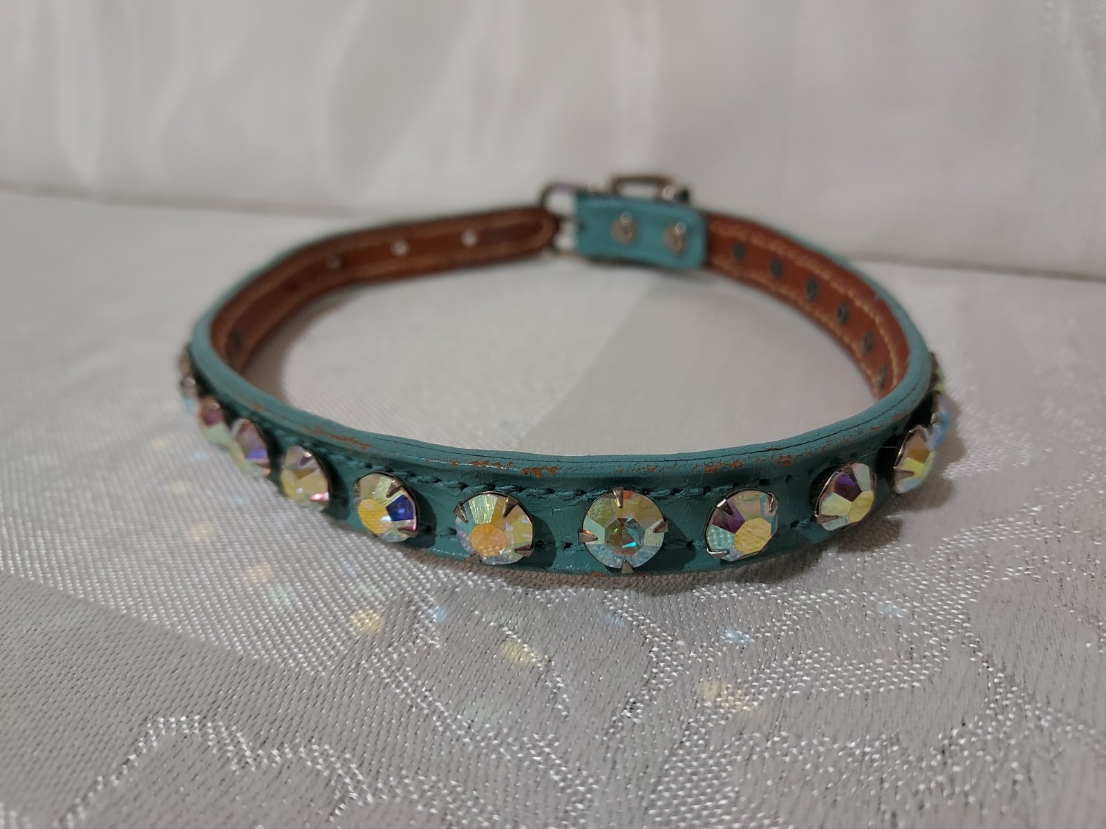 Rare Vtg Rhinestone Jeweled Turquoise Leather Pet Collar & Leash Set 11.5"-13.5"