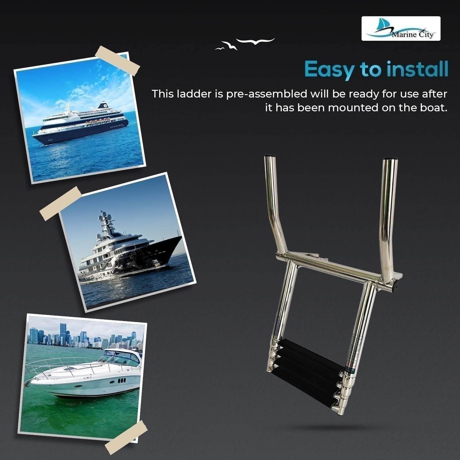 MARINE CITY 4 Step 316 Stainless Steel Telescoping Ladder w/ Handle for Boats
