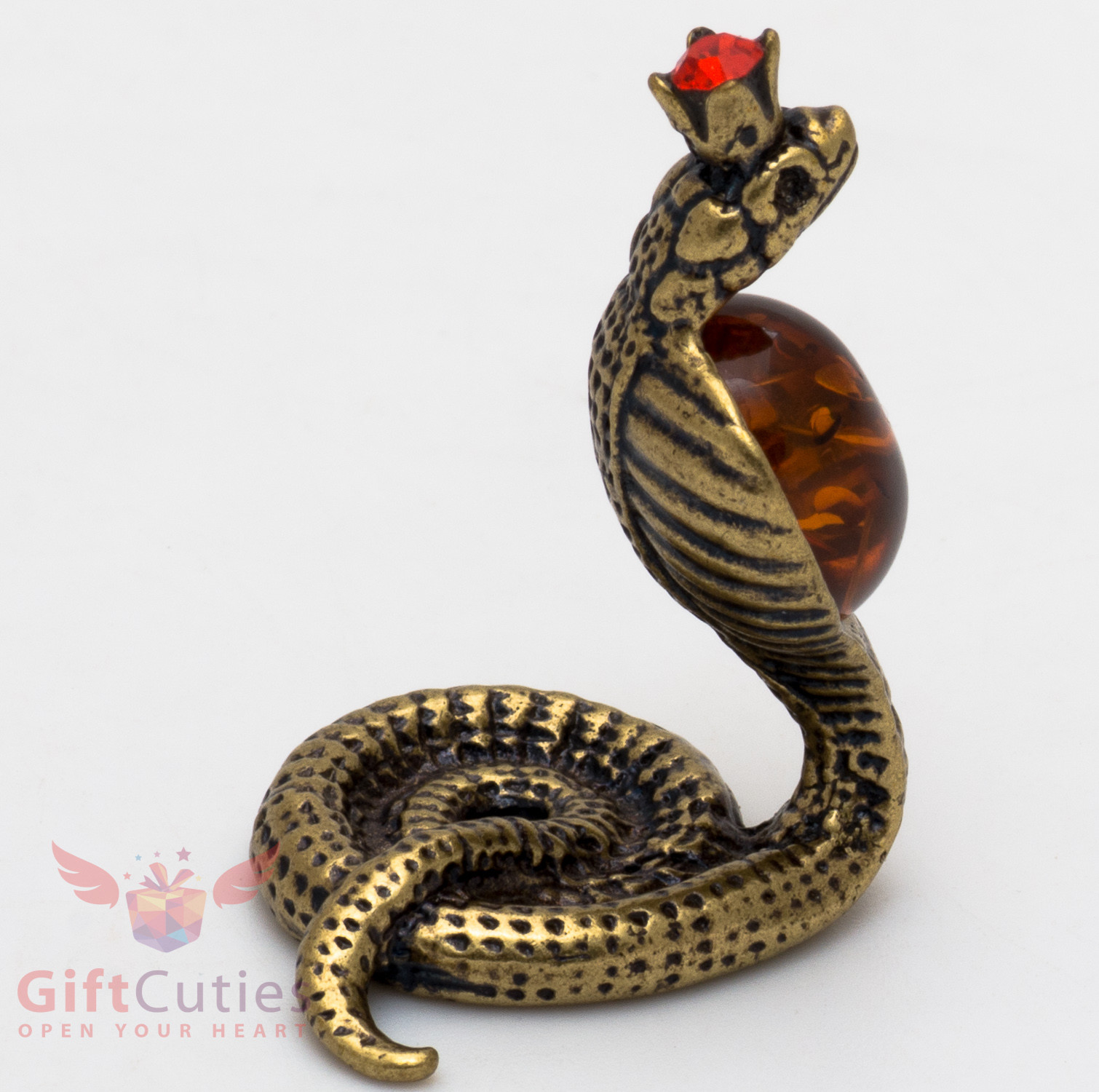 Solid Brass Amber Figurine Amulet Hood Flared Indian Cobra Snake IronWork
