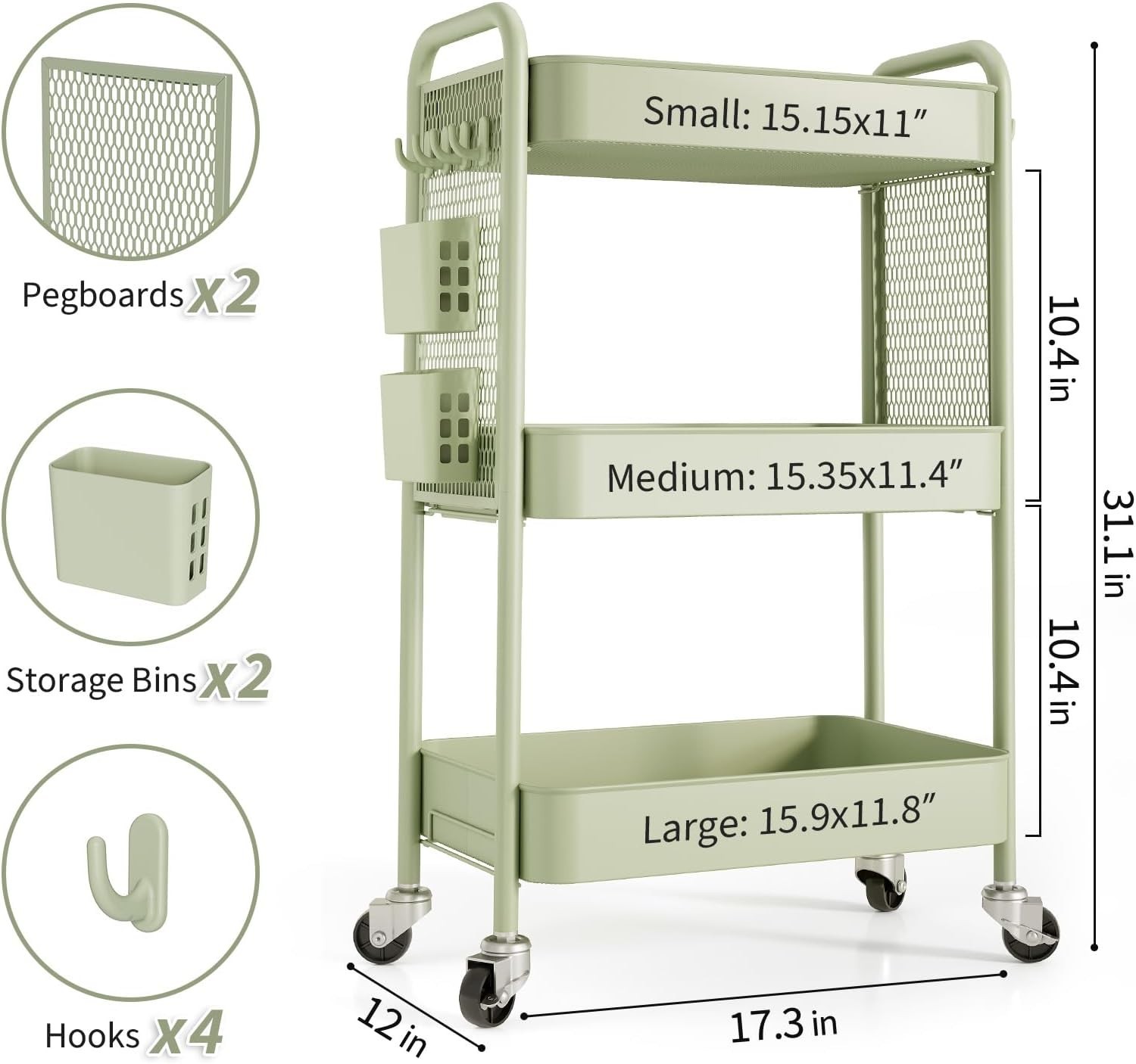 Organizador de almacenamiento con ruedas de 3 niveles, carrito metálico con rued