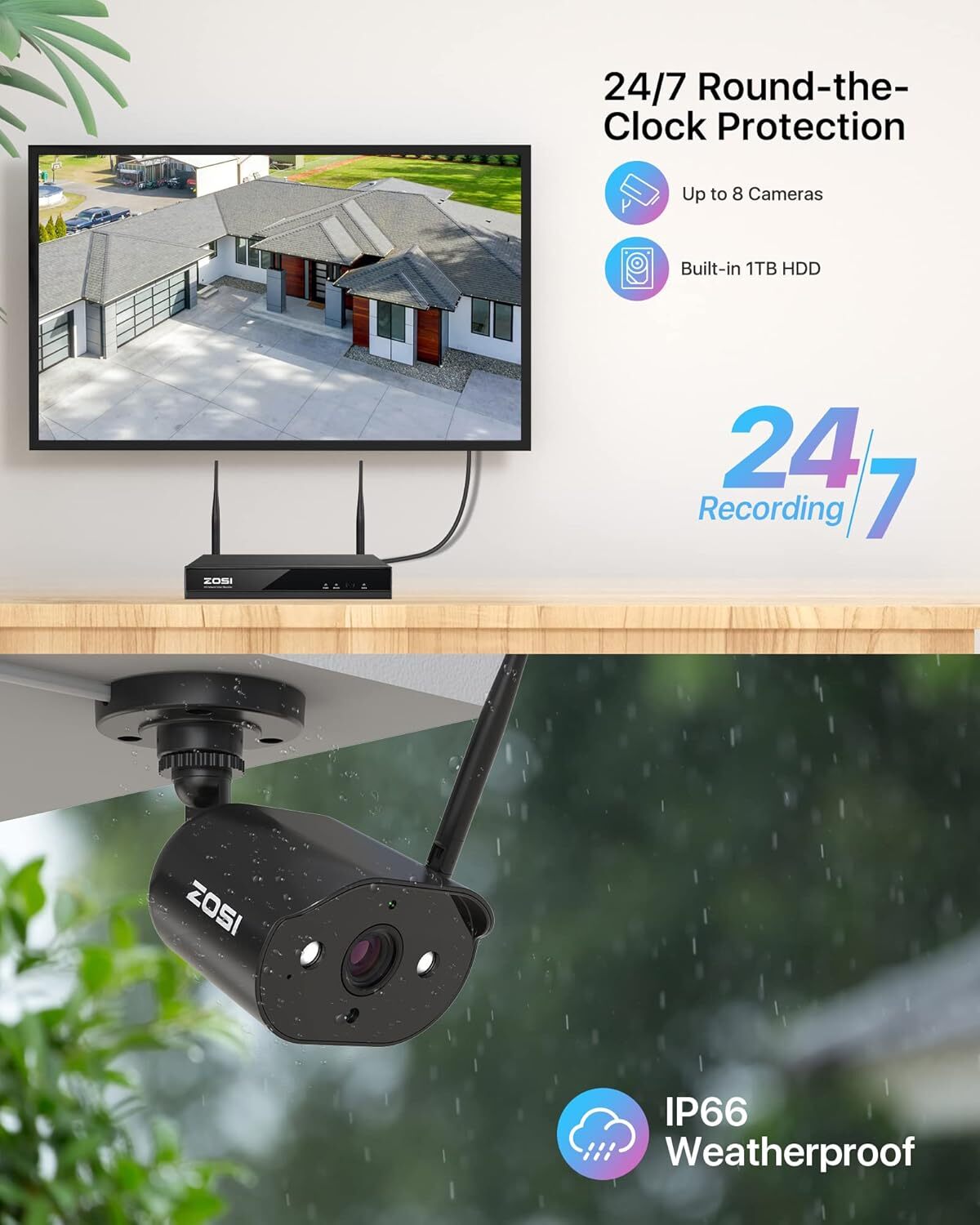 ZOSI H.265+ 8CH 3MP wireless security WiFi Outdoor camera system 1TB HDD Audio