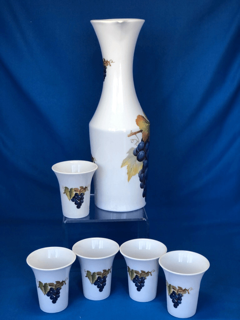 Vintage Naaman Israel Porcelain Grapes Decanter Pitcher & 5 Cups 6pc