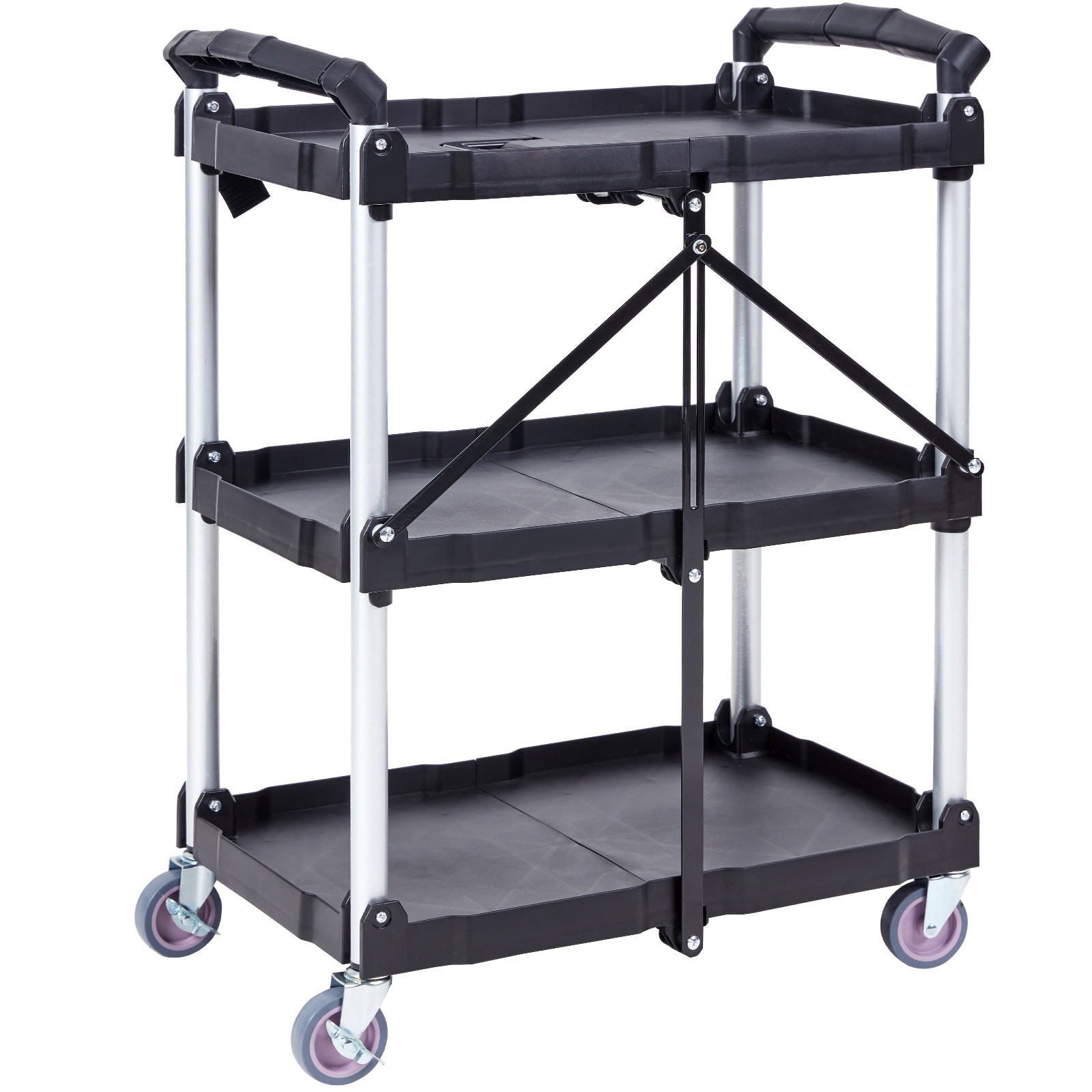 Uimoso Foldable Utility Service Cart 3 Shelf 165LBS with Swivel Lockable Wheels