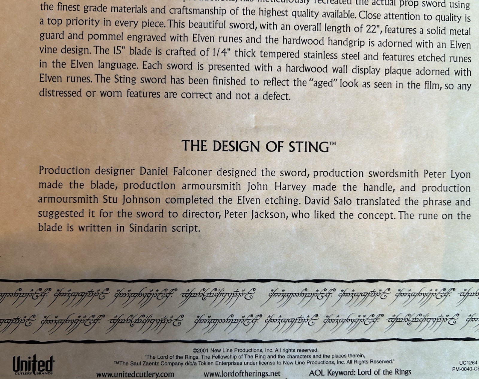 Lord of the Rings Sting LOTR Bilbo/Frodo Baggins Sword United Cut UC1264 +Bonus